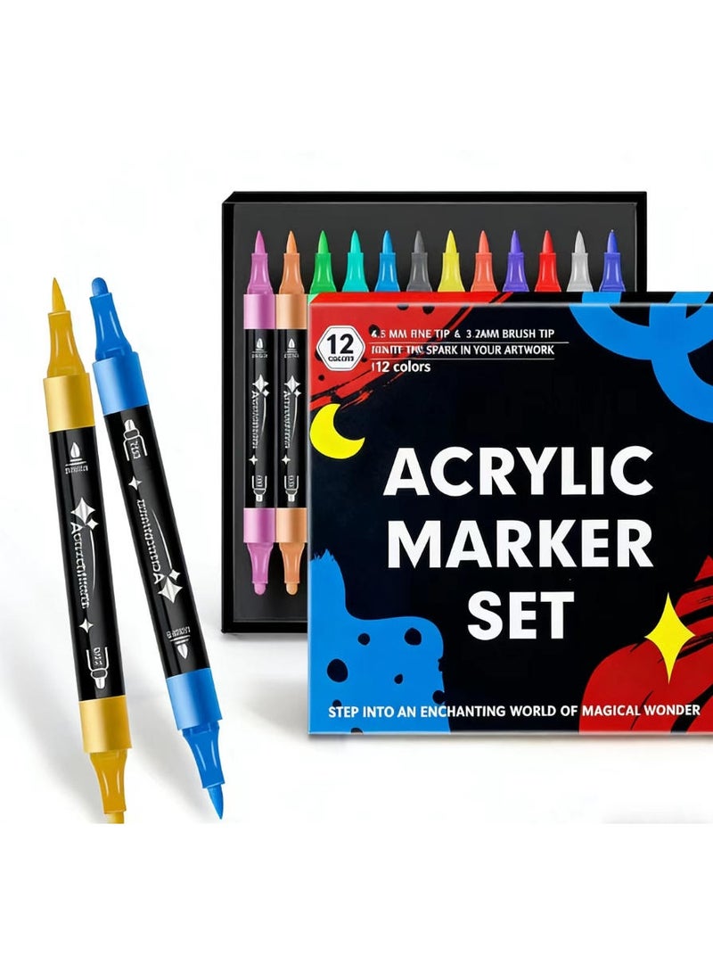 موردلي مجموعة أقلام تحديد أكريليك مكونة من 12 لونًا، برأسين مزدوجين (رأس رفيع ورأس فرشاة) للرسم والتلوين والأعمال اليدوية (قائمة على الماء، قابلة للطبقات، غير سامة). - Image 1